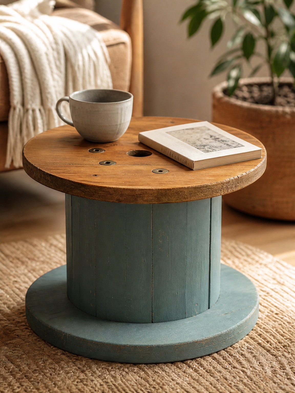 A small round table made from a reclaimed wooden spool, styled with a cup and book