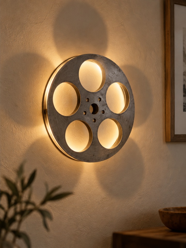 A reclaimed film reel reworked into a glowing wall lamp