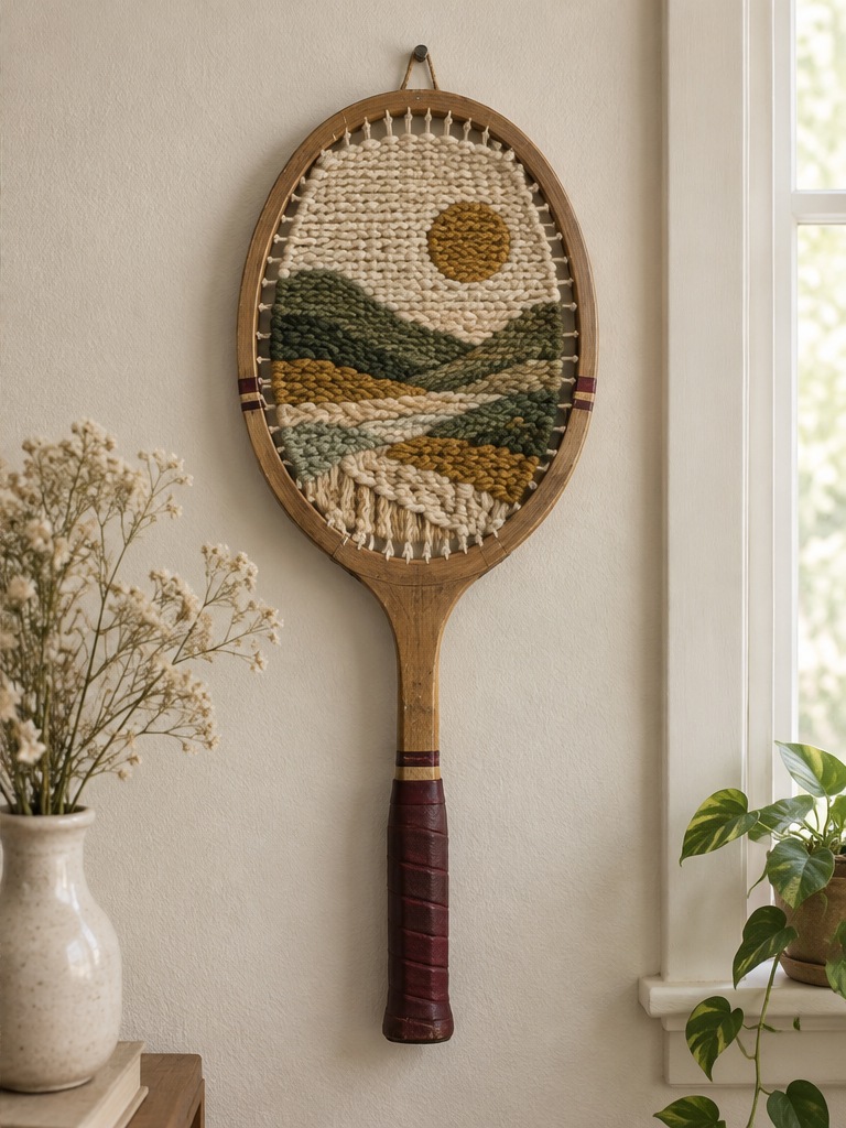 A vintage racket frame transformed into woven wall art