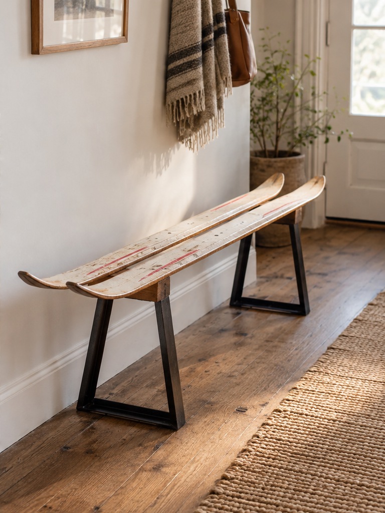 Old skis repurposed as a long entryway bench